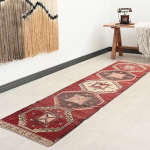 3x12 Red Beige Turkish Runner, 3x12 Vintage Runner, Antique Runner, Hallway Entryway Runner, Handwoven Oushak Runner, Corridor Wool Runner