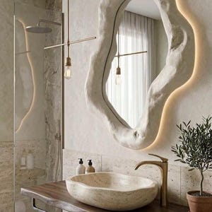 Textured Plaster Mirror, Organic Sculptural Stone Form, Handmade Minimal Japandi Decor With LED