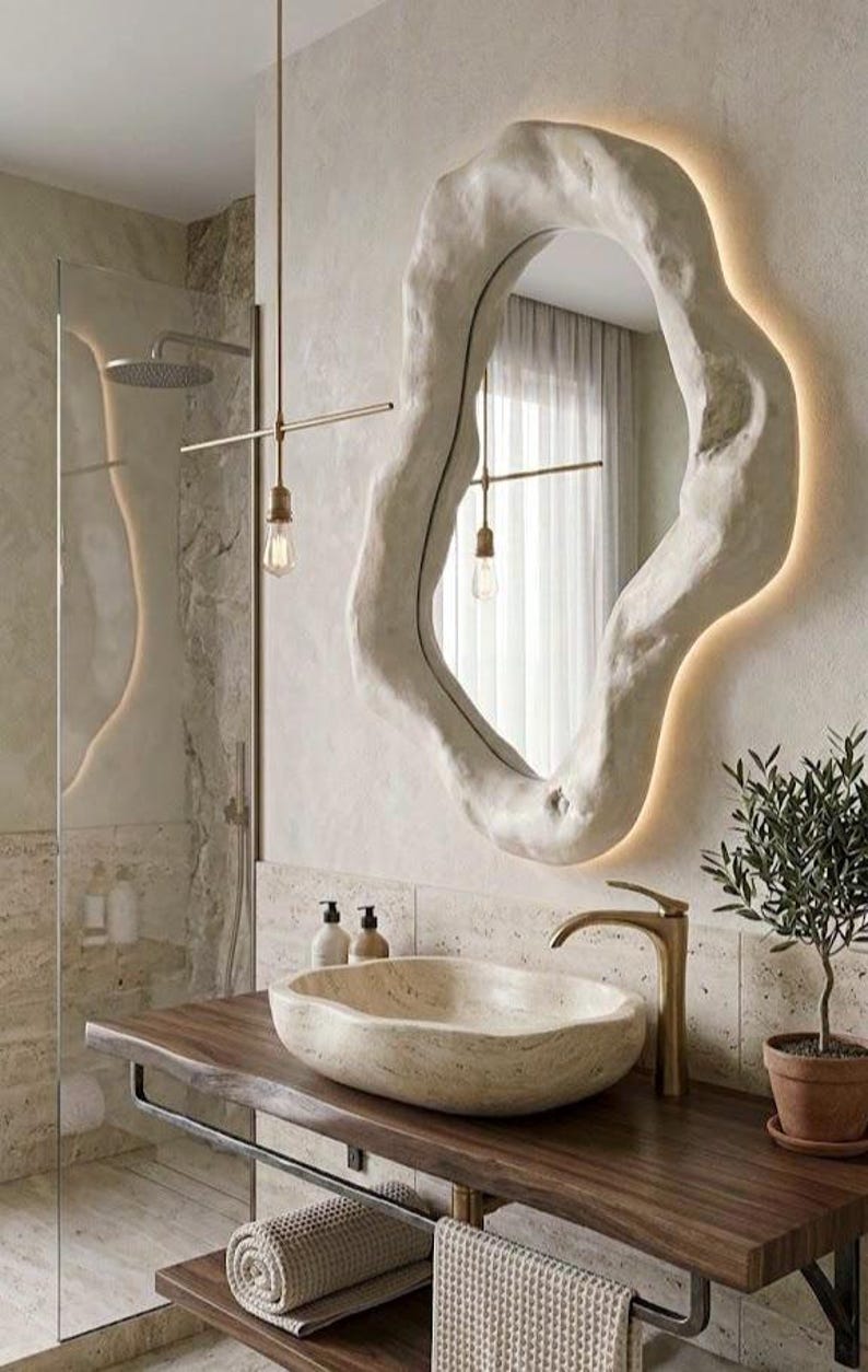 Textured Plaster Mirror, Organic Sculptural Stone Form, Handmade Minimal Japandi Decor With LED