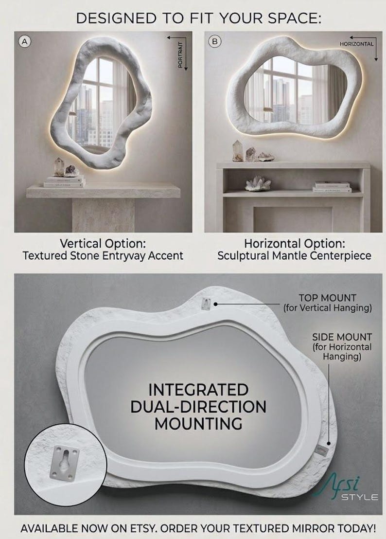 May include: Textured stone-style mirror with integrated dual-direction mounting, designed for vertical or horizontal display. The mirror has a unique, organic shape and is illuminated with a soft glow. The image shows the mirror in two different settings.
