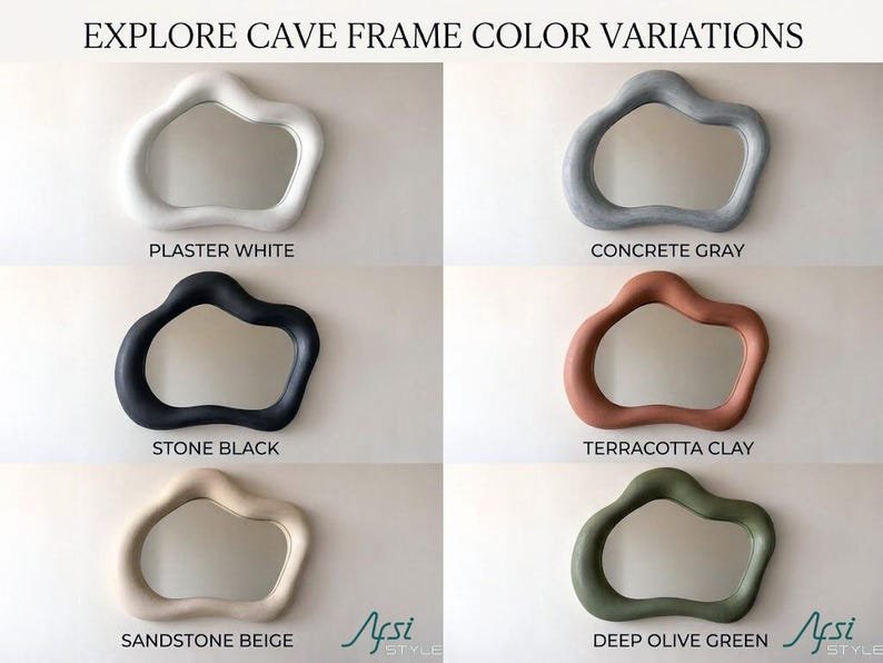 May include: An image showcasing six cave-shaped mirrors in various colors: plaster white, concrete gray, stone black, terracotta clay, sandstone beige, and deep olive green. The text "EXPLORE CAVE FRAME COLOR VARIATIONS" is at the top.