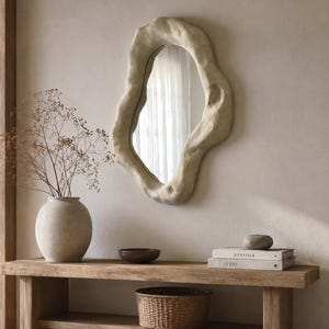 Textured Plaster Mirror, Organic Sculptural Stone Form, Handmade Minimal Japandi Decor image 7