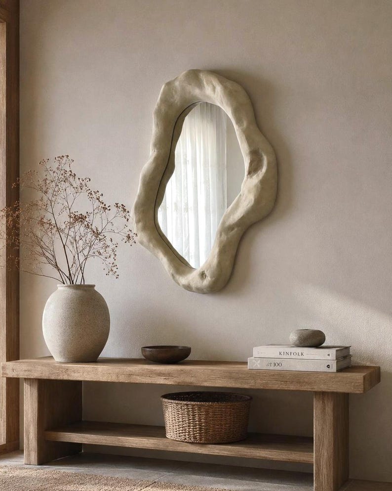 Textured Plaster Mirror, Organic Sculptural Stone Form, Handmade Minimal Japandi Decor image 7