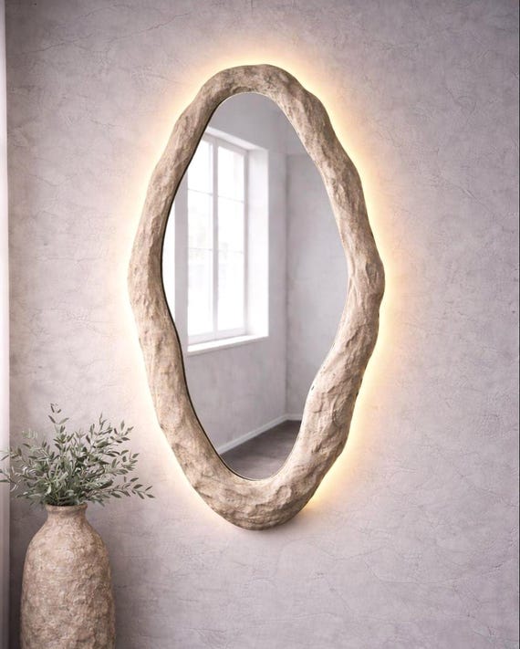 Textured Plaster Mirror, Organic Sculptural Stone Form, Handmade Minimal Japandi Decor