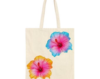 Bolsa de tela con estampado de hibisco tropical: bolsa ecológica de algodón con estampado floral colorido
