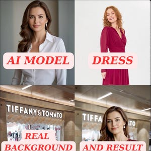 Może przedstawiać: Kobieta w czerwonej sukience przed sklepem o nazwie "Tiffany & Tomato". Obraz pokazuje rezultaty wykorzystania modelu AI do dodania sukienki do zdjęcia kobiety.
