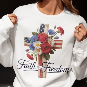 Faith and Freedom Cross PNG, 4th of July Christian Floral Patriotic Sublimation, God Bless America Clipart,  Cross PNG, USA Red White Blue