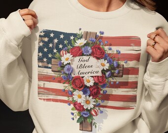 God Bless America PNG, Floral Patriotic Cross PNG, 4th of July Christian Sublimation, Cross png, USA Flag Vintage Flowers Clipart Download