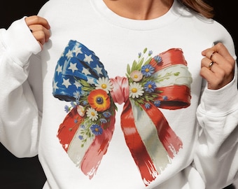 4th of July Coquette Bow PNG, Patriotic Floral Ribbon PNG, USA Flag Bow Sublimation Clipart, Independence Day Aesthetic Download