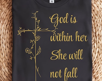 God Is Within Her PNG | Minimalist Christian Cross Clipart | Psalm 46:5 Bible Verse | Floral Faith Aesthetic Digital Download