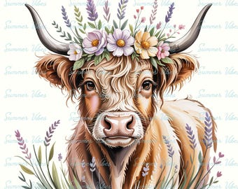 Floral Highland Cow PNG Bundle | Cute Boho Farm Animal Clipart for Sublimation, Cottagecore Cow Art, Cowgirl Shirt Design, Digital Download
