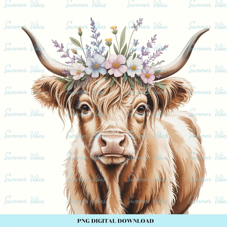 Floral Highland Cow PNG Bundle | Cute Boho Farm Animal Clipart for ...