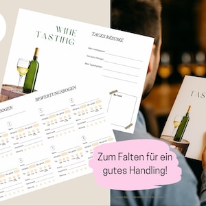 May include: A wine tasting stationery set featuring evaluation sheets, a daily resume, and a booklet. The design includes a wine bottle and glass illustration. The colour scheme is minimalist, with green and beige tones.