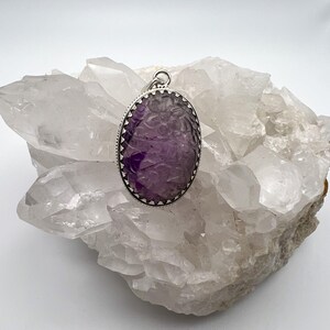 sterling silver amethyst carved flower pendant