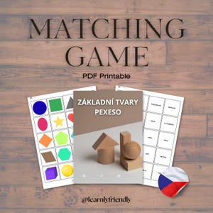 May include: A PDF printable matching game with the title "MATCHING GAME" in a bold, elegant font. The game includes shape and word matching cards, and wooden geometric shapes. The background is a wooden surface.