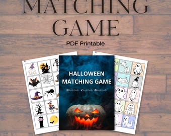 May include: A Halloween Matching Game PDF printable with a wooden background. The game features cards with spooky illustrations of ghosts, bats, spiders, and jack-o'-lanterns. The text "MATCHING GAME" and "PDF Printable" are displayed at the top.