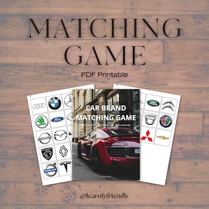 Op de afbeelding: Een afdrukbaar PDF-matching-spel met automerken. Het spel bevat kaarten met autologo's en een afbeelding van een rode sportwagen. Tekst op het spel is "MATCHING GAME" en "CAR BRAND MATCHING GAME". De achtergrond is een houten oppervlak.