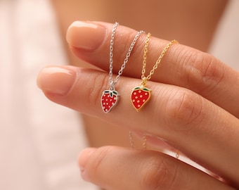 Sterling Silver Strawberry Necklace, Fruit Charm, Dainty Gift