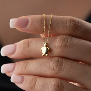 May include: A delicate gold-colored necklace featuring a small turtle pendant. The turtle charm is detailed with a smooth finish and is suspended from a fine chain. The necklace is shown against a blurred background.
