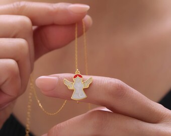 Angel Necklace, Christmas Holiday Jewelry, Enamel Angel Pendant, Festive Xmas Gift for Women