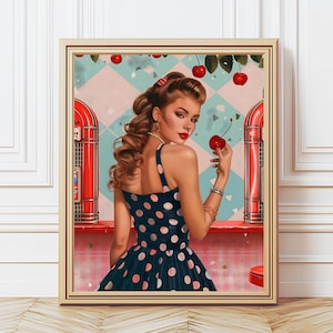 Retro cherry girl wydrukowalna sztuka ścienna. Wydruki cyfrowe. Sztuka wózka barowego. Vintage. Kobieta w sukience w kropki. Y2K. Plakat ścienny. Pobieranie cyfrowe