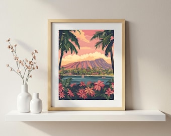 Kona Hawaii retro travel postcard printable wall art. Vintage Art Deco style. Palm trees. Hawaii Art Print. Wall poster. Digital Download