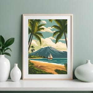 Kona Hawaii Retro Reise-Postkarte druckbare Wandkunst. Vintage Art Deco Stil. Palmen. Hawaii Kunstdruck. Wandposter. Digitaler Download
