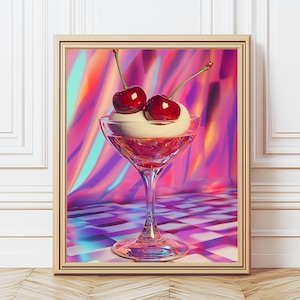 チェリーカクテルデザートのプリント可能なウォールアート。デジタルプリント。バーカートアート。バーカートの装飾。カクテルグラス。ウォールポスター。デジタルダウンロード。