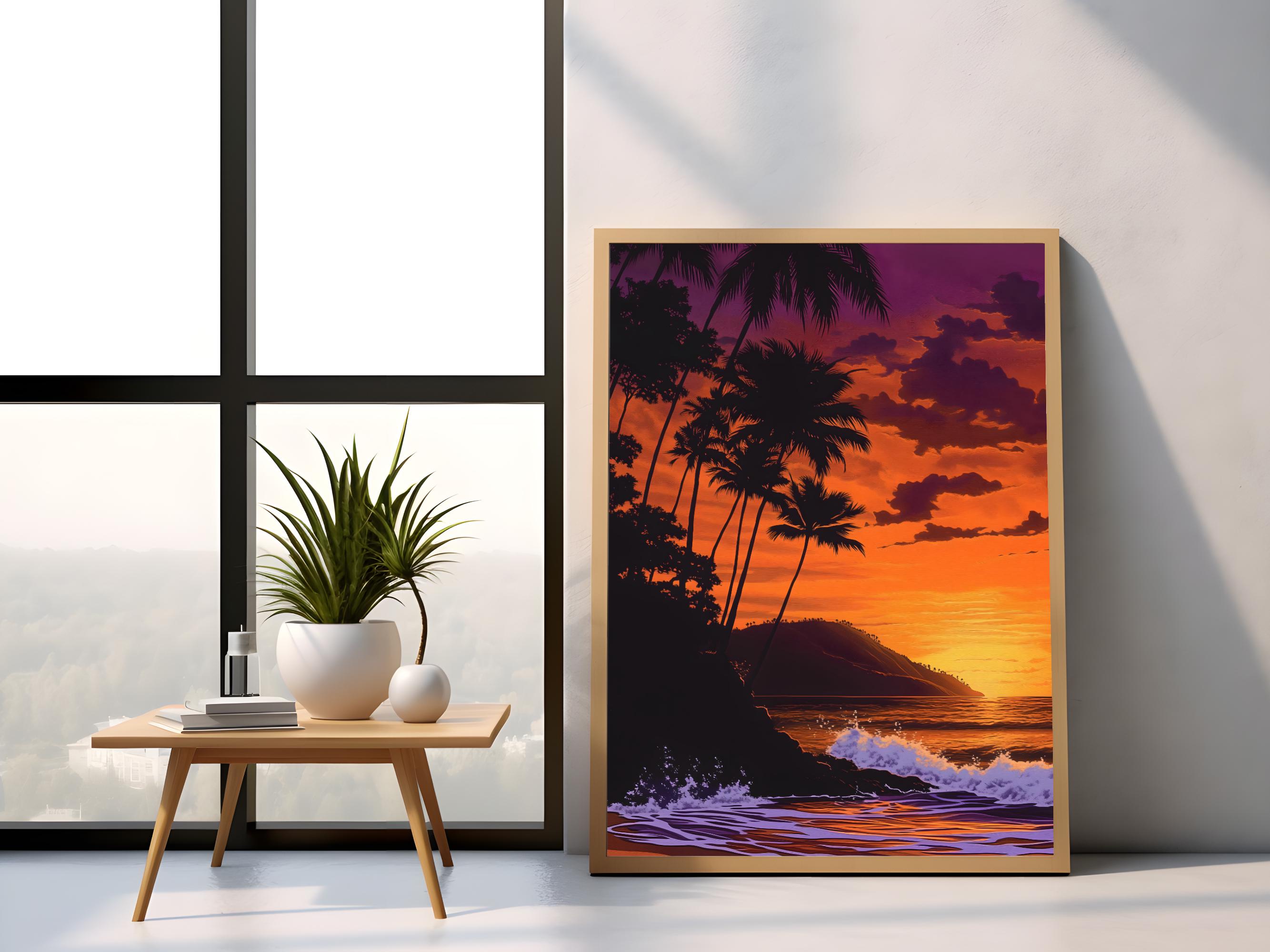 Kona Hawaii printable wall art. Kua Bay sunset. Art Nouveau. Palm trees. Hawaii Art Print. Waves. Wall poster. Digital Download