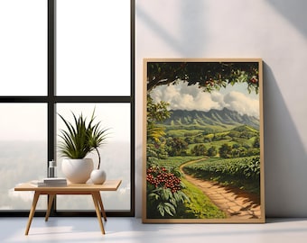 Kona Hawaii printable wall art. Coffee plantation. Coffee cherries. Palm trees. Hawaii Art Print. Wall poster. Digital Download