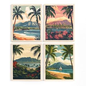 Set di 4 cartoline di viaggio retrò di Kona, Hawaii, stampabili da parete. Art Déco vintage. Palme. Stampa artistica hawaiana. Poster da parete. Download digitale.