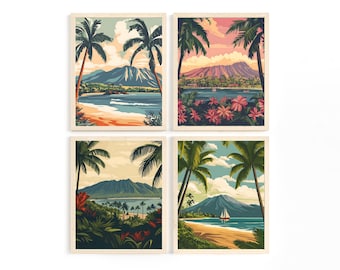 Set of 4 Kona Hawaii retro travel postcard printable wall art. Vintage Art Deco. Palm trees. Hawaii Art Print. Wall poster. Digital Download