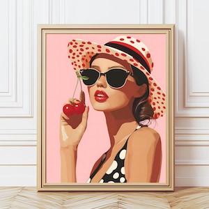 Cherry girl wydrukowalna sztuka ścienna. Wydruki cyfrowe. Czerwone wiśnie. Kobieta w kropki. Sztuka wózka barowego. Y2K. Retro. Plakat ścienny. Pobieranie cyfrowe