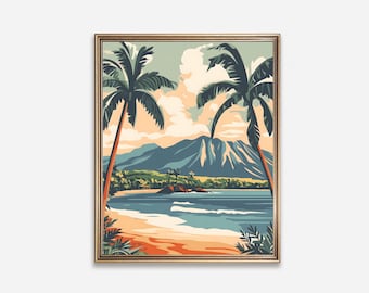 Kona Hawaii retro travel postcard printable wall art. Vintage Art Deco style. Palm trees. Hawaii Art Print. Wall poster. Digital Download