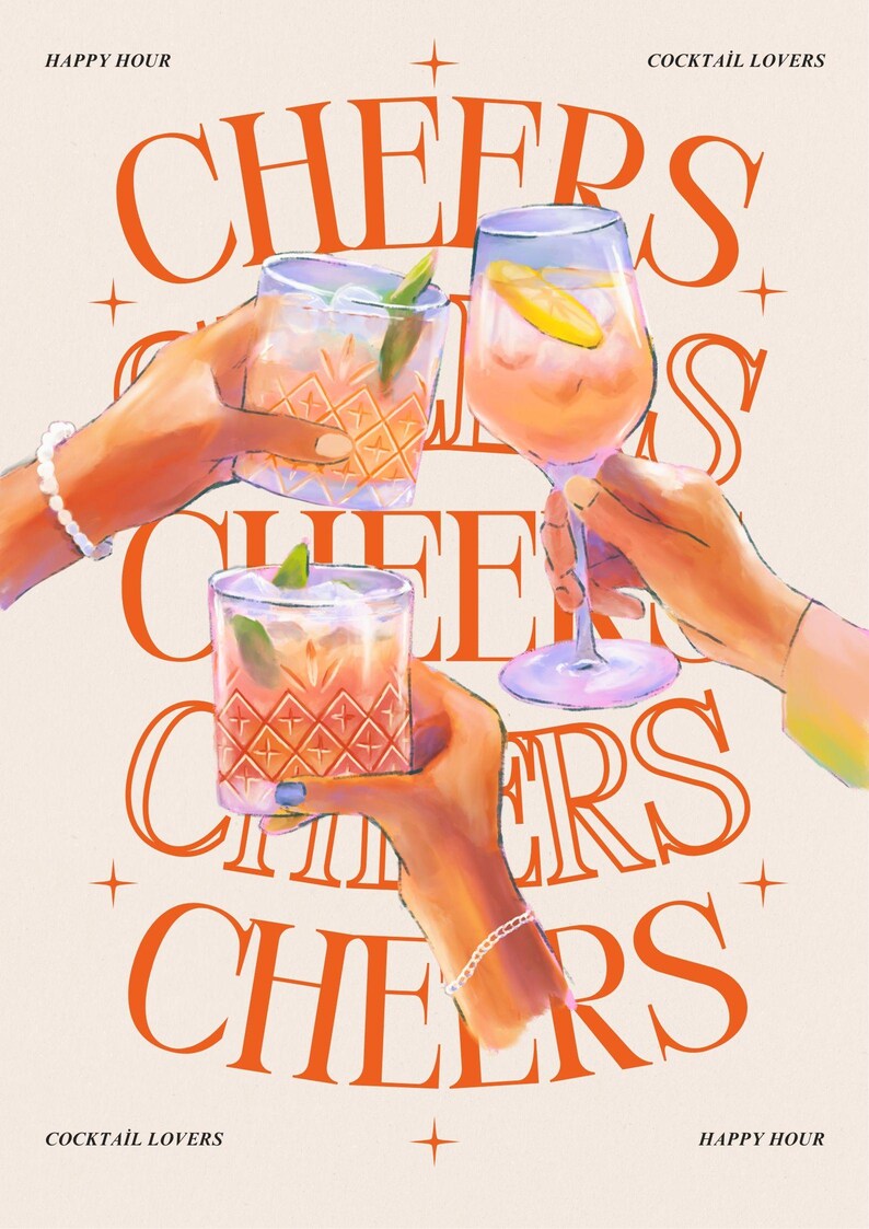 Cheers Poster – Cocktail Art Print, Happy Hour Wall Decor, Bar Sign ...