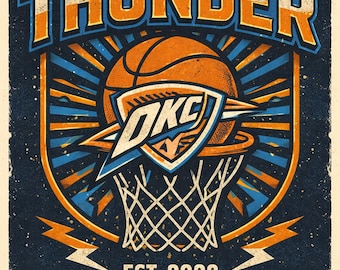 May include: Oklahoma City Thunder basketball team logo on a navy blue background. The design features a basketball, a net, and the text "OKLAHOMA CITY THUNDER" in orange and blue. The text "EST. 2008" is also included.