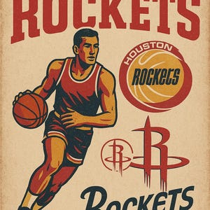 Retro Houston Rockets Basketball Poster - Vintage NBA Wall Art - Digital Download Printable Sports Decor
