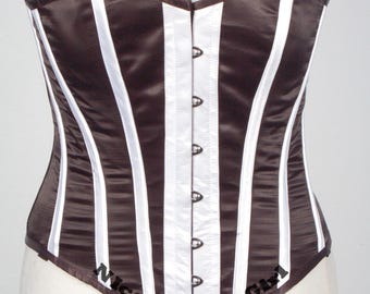 Brown & White Striped Satin Corset - Strapless Steampunk Bustier