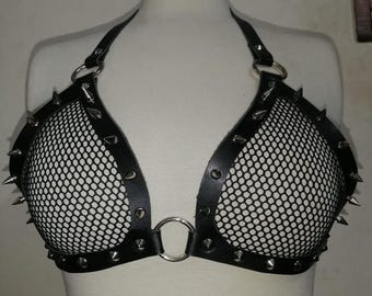 Leather Spike Mesh Bra Top – Punk Gothic Spiked Harness Bralette | Raves & Lingerie Wear