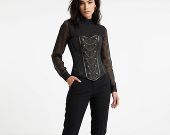 Black Brocade Corset Top with Gold Button & Chain Detail - Goth Victorian