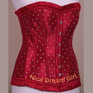 Ruby Red Glamour Overbust Corset | Sparkly Rhinestone Bustier Top | Gothic Burlesque Corset | Red  Taffeta (Silk) corset | Women&#39;s Fancy Top
