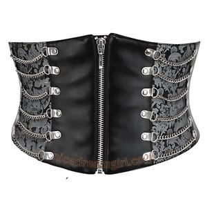 Black Faux Leather & Brocade Chain Corset – Gothic Punk Waist Cincher with Zipper Front | black leather corset