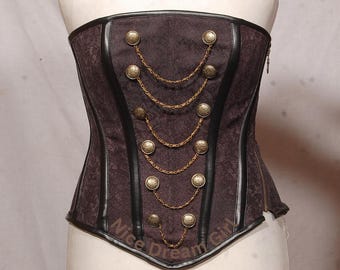 Dark Brocade Corset Top with Gold Button & Chain Detail - Goth Victorian