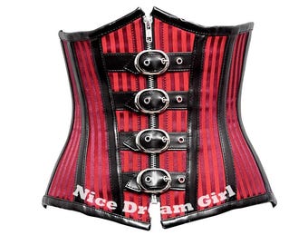 Red & Black Striped Gothic Steampunk Corset with Buckles | Women's Waist Training Top