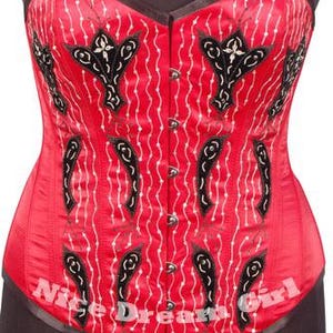 Women&#39;s Red Corset with Black Embellishments - Handmade Embroidered Steampunk Corset - Party, Costume & Lingerie