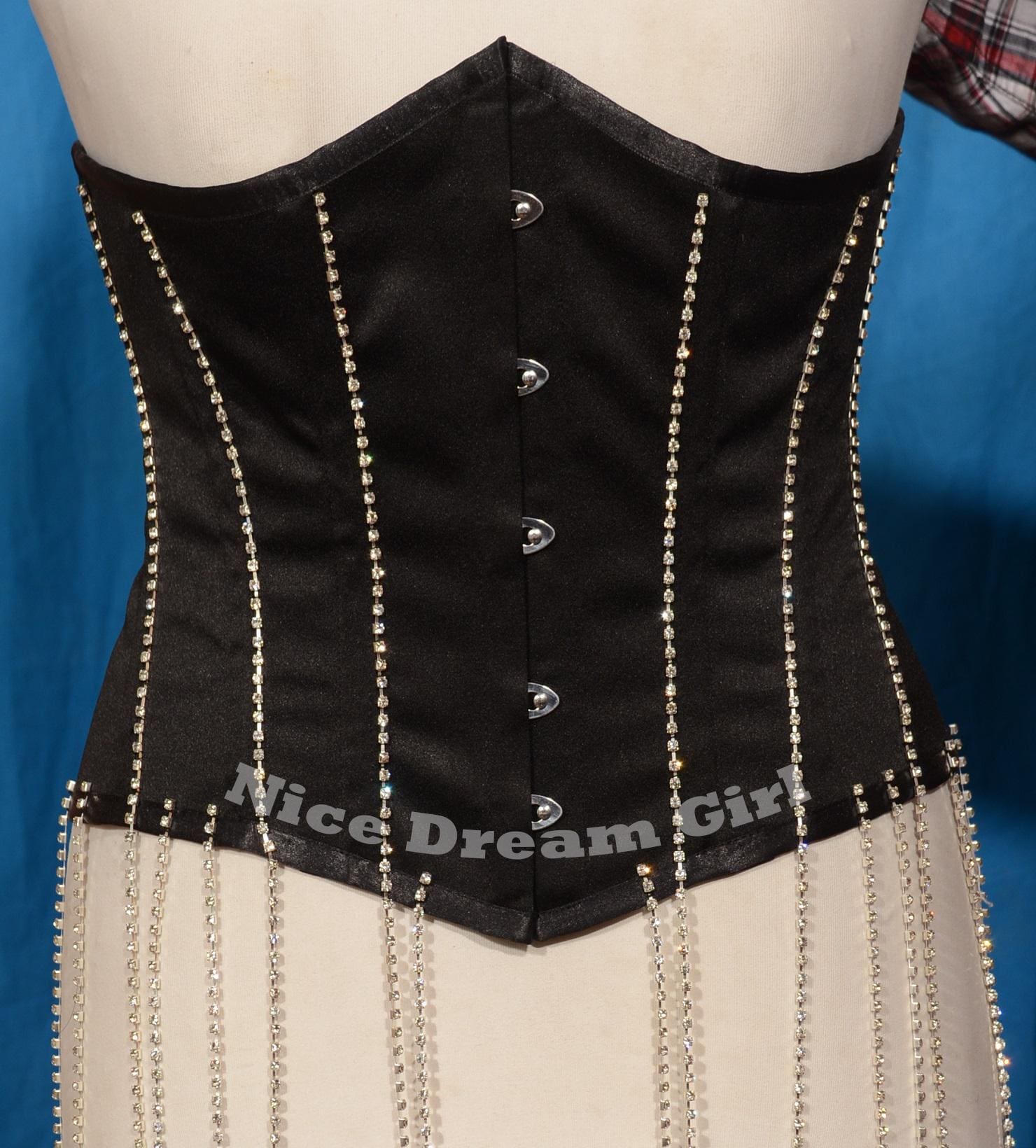 Sparkling Black Rhinestone Overbust Corset Dazzling Crystal Fringe Bustier - Stone Touch Satin Corset