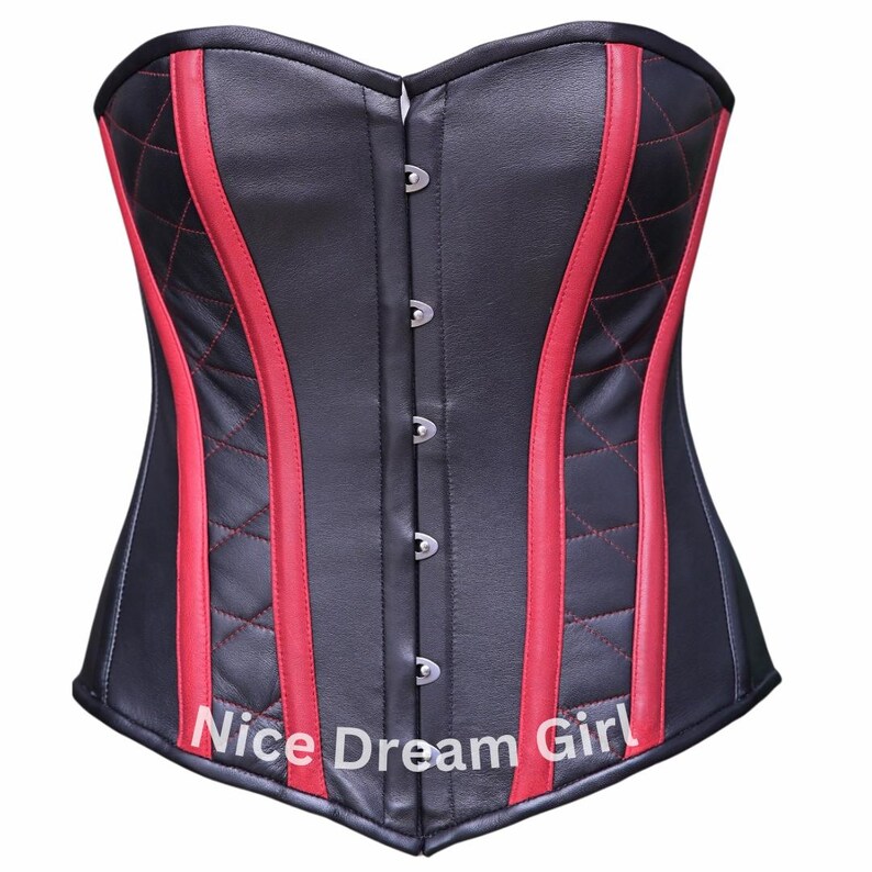 May include: Black corset with red detailing and stitching. The corset has a diamond-stitched pattern on the sides and red vertical stripes. The text "Nice Dream Girl" is printed at the bottom.