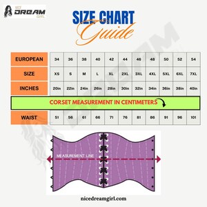 May include: Corset size chart with European, UK, and waist measurements in inches and centimeters. Sizes range from XS to 7XL, with waist measurements from 51 cm to 101 cm. Includes a diagram showing the measurement line.