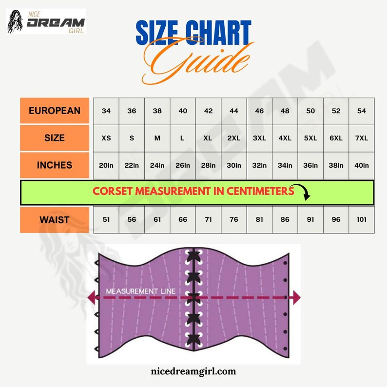 May include: Corset size chart with European, UK, and waist measurements in inches and centimeters. Sizes range from XS to 7XL, with waist measurements from 51 cm to 101 cm. Includes a diagram showing the measurement line.