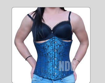 Blue Brocade Underbust Corset – Waist Training Steel Boned Gothic Shapewear